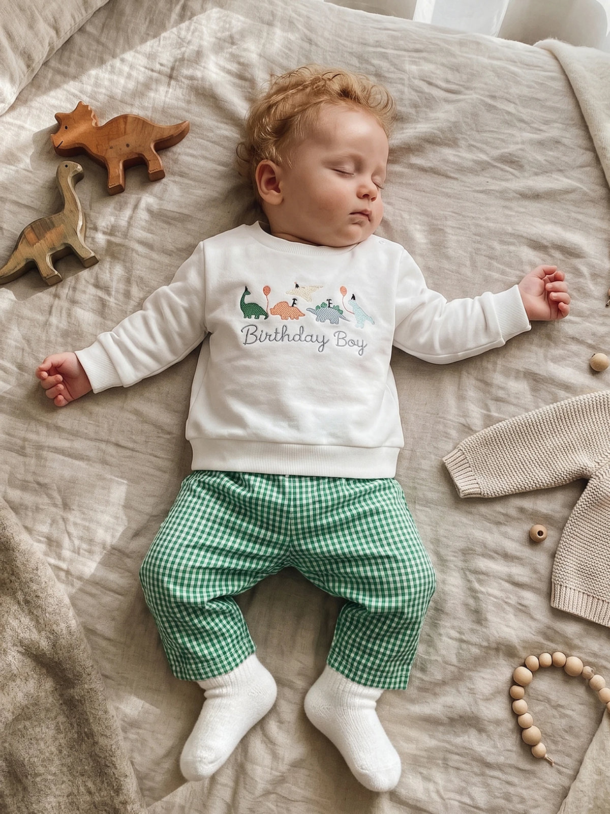 Tops Long Sleeve Dinosaur Embroidery Birthday Tops Plaid Pants Embroidery-Tops Boys High Quality Boys Birthday Outfit