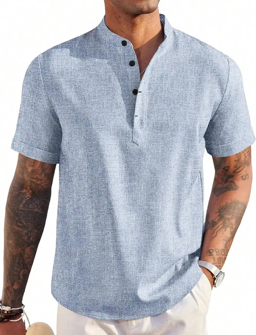 Mens Linen Henley Shirt Short Sleeve Casual Summer Beach Top