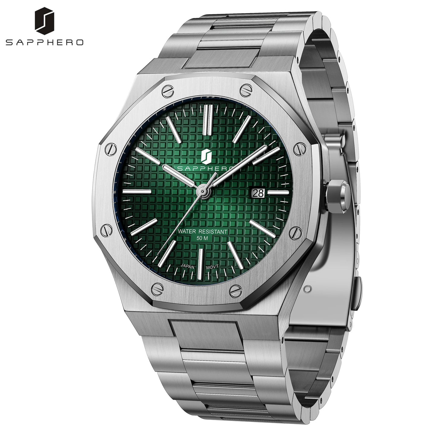 SAPPHERO Men Analog Watch Stainless Steel Quartz Movement Date 50M