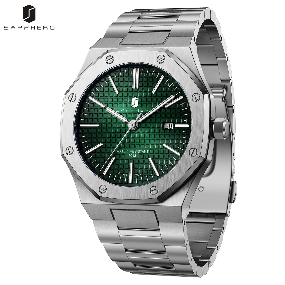 SAPPHERO Men Analog Watch Stainless Steel Quartz Movement Date Display 50M Waterproof Classic Business Casual Wristwatch Gift