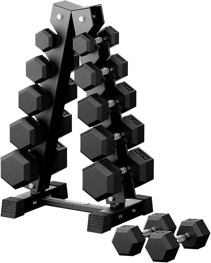 RitFit Rubber Hex Dumbbell Set With Rack 250-650 Lb