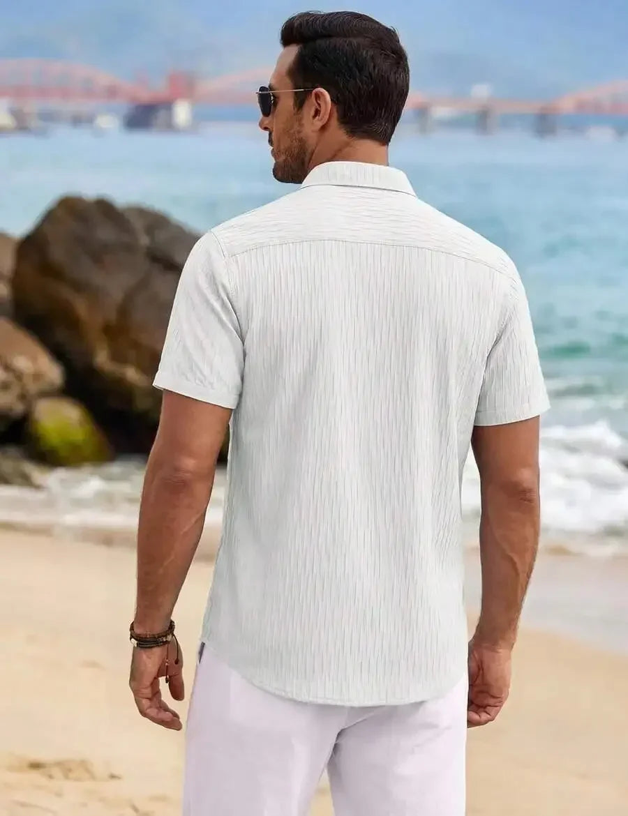 Mens Short Sleeve Button Down Shirt Textured Casual Summer Beach Top With Chest Pocket