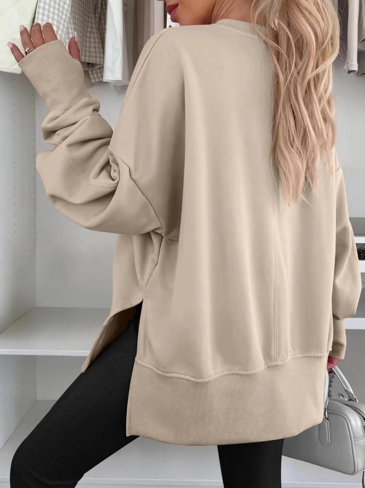 Womens Crew Neck Drop Shoulder Side Slit Casual Pullover Sweatshirt