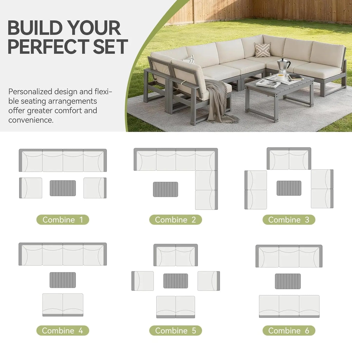Patio Furniture Set, HDPE Sectional Outdoor Conversation Sets, 7-Piece Outdoor Couch Set with Deep Cushions, Customized