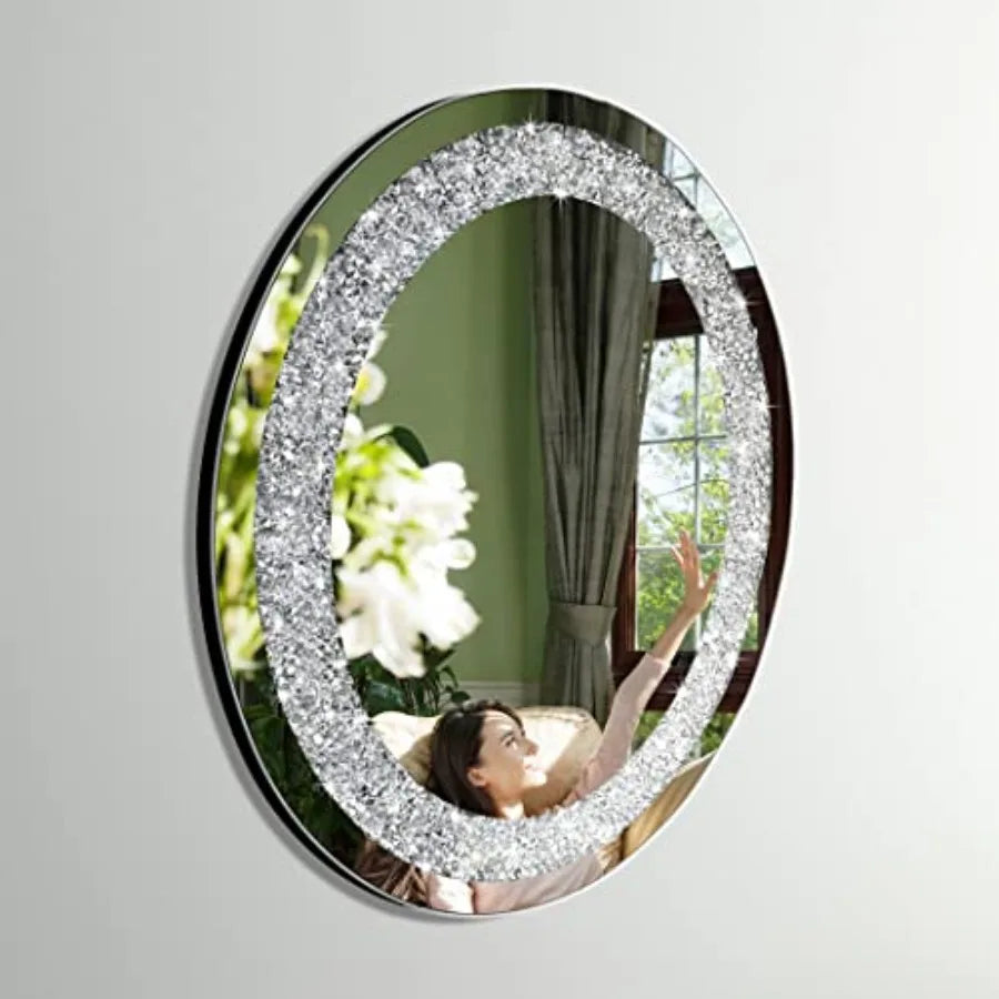 Crushed Crystal Oval Glam Bling Silver Wall Mirror Decoration