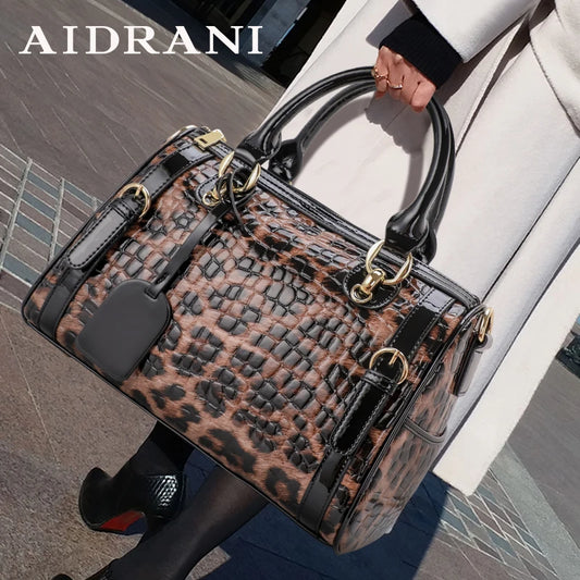 Aidrani Women Leopard Print Cowhide Handbag With Large Capacity