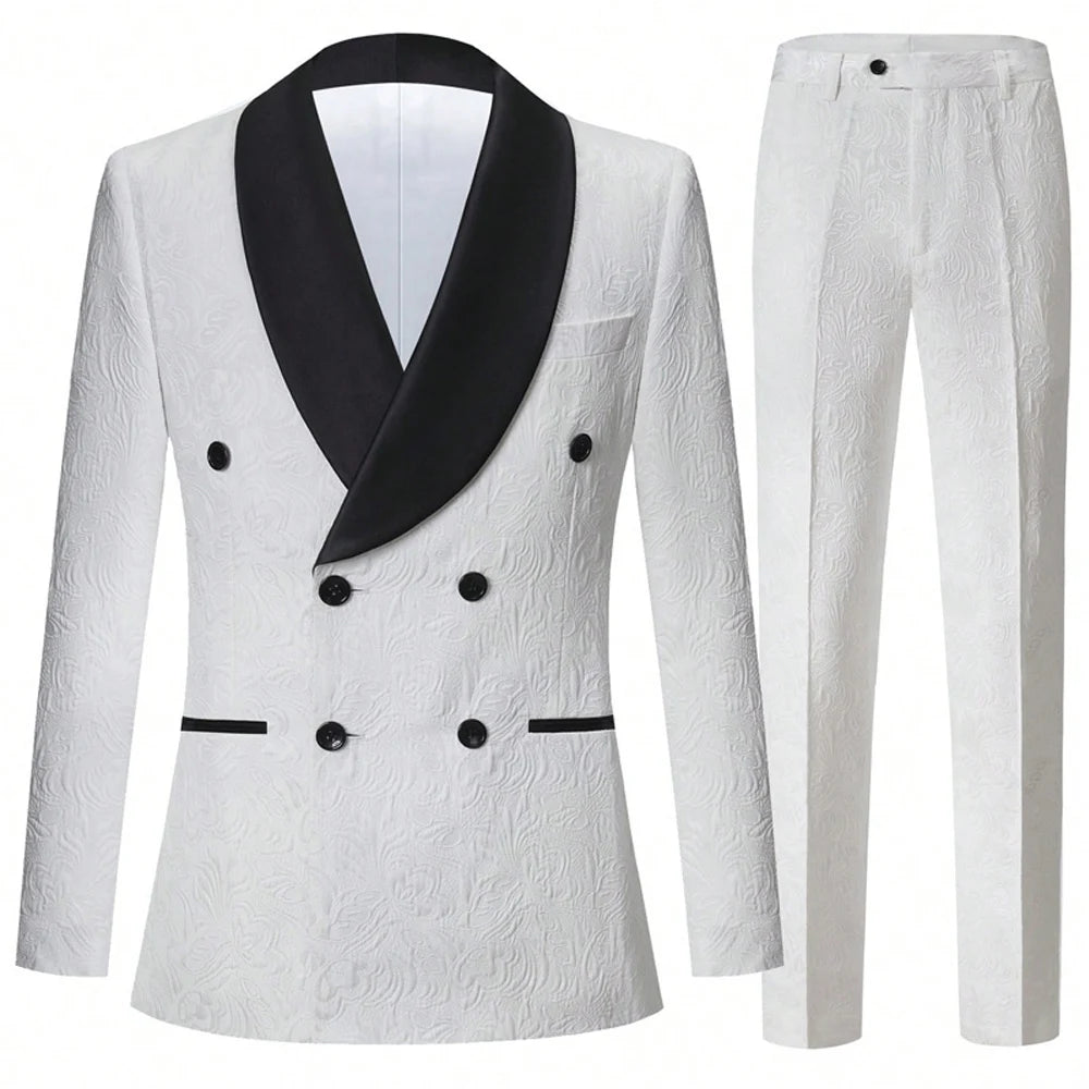 Men Double Breasted White Jacquard Tuxedo 2PCS Black Satin Shawl Lapel Suit Jacket Pants Formal Prom Banquet Wedding Groom Outfit