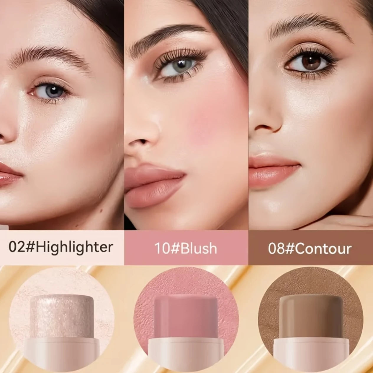 3-piece contour stick set, including blush stick, highlighter stick, bronzer stick, and eyeliner, refreshing and non-greasy, wat