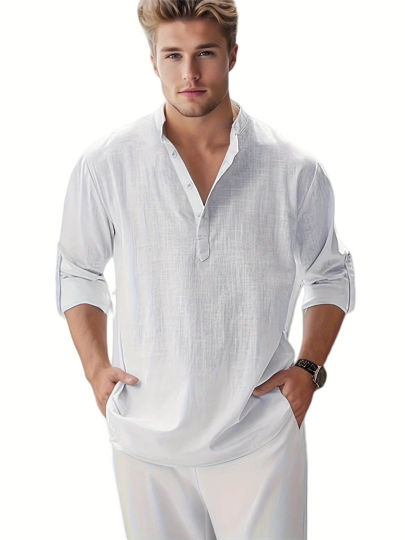 Men's Linen Cotton Long Sleeve Stand Collar Casual Shirt