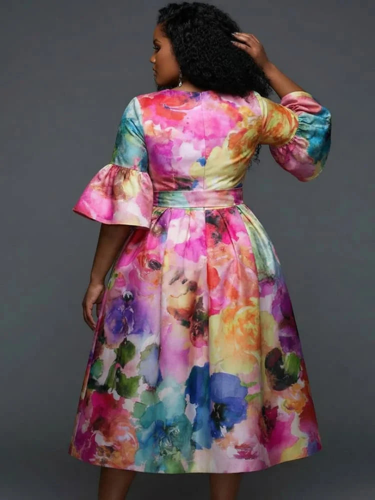 Plus Size Round Neck Flare Sleeve Bow Waist Midi Dress For Women Formal Party Banquet Wedding Guest A Line Swing Dress