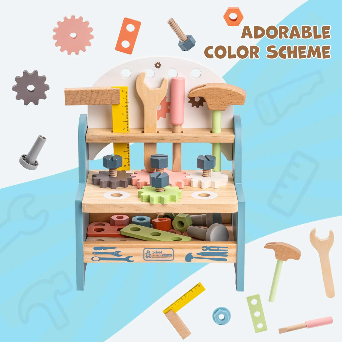 ROBUD Mini Wooden Play Tool Workbench Set Role Play Set Montessori Toys Ideal Birthday Gift for 3+ Years Old Boys Girls