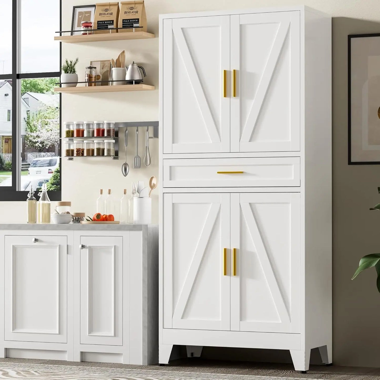Metal Storage Cabinet With Drawer And Adjustable Shelves Farmhouse Pantry