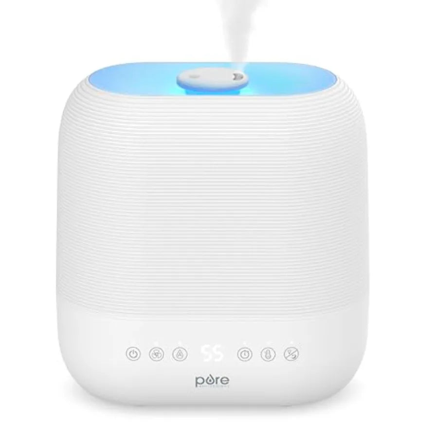 Home use humidifier, ABS plastic, white, top-fill design with warm cool mist, 2-gal tank, up to 4.5 days runtime, auto humidity