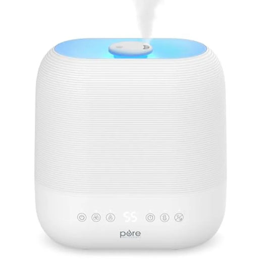 Home use humidifier, ABS plastic, white, top-fill design with warm cool mist, 2-gal tank, up to 4.5 days runtime, auto humidity