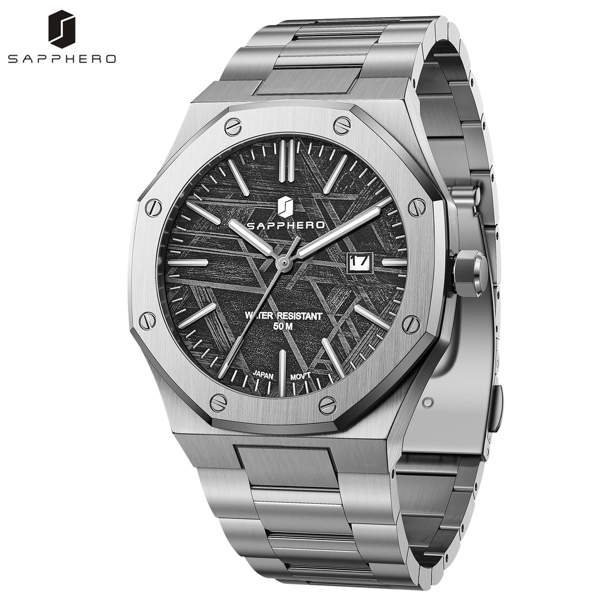 SAPPHERO Men Analog Watch Stainless Steel Quartz Movement Date Display 50M Waterproof Classic Business Casual Wristwatch Gift