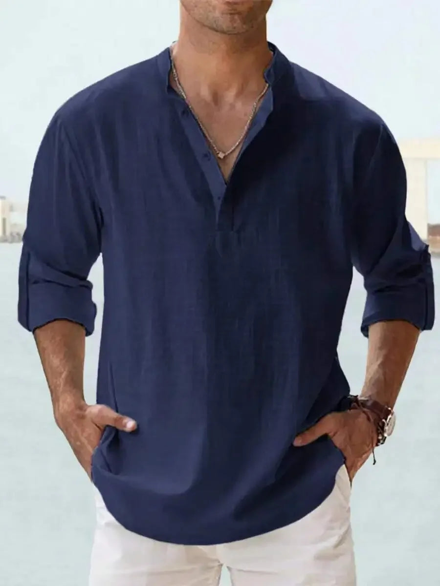 Mens 100% Cotton Stand Collar Long Sleeve Loose Fit Casual Shirt