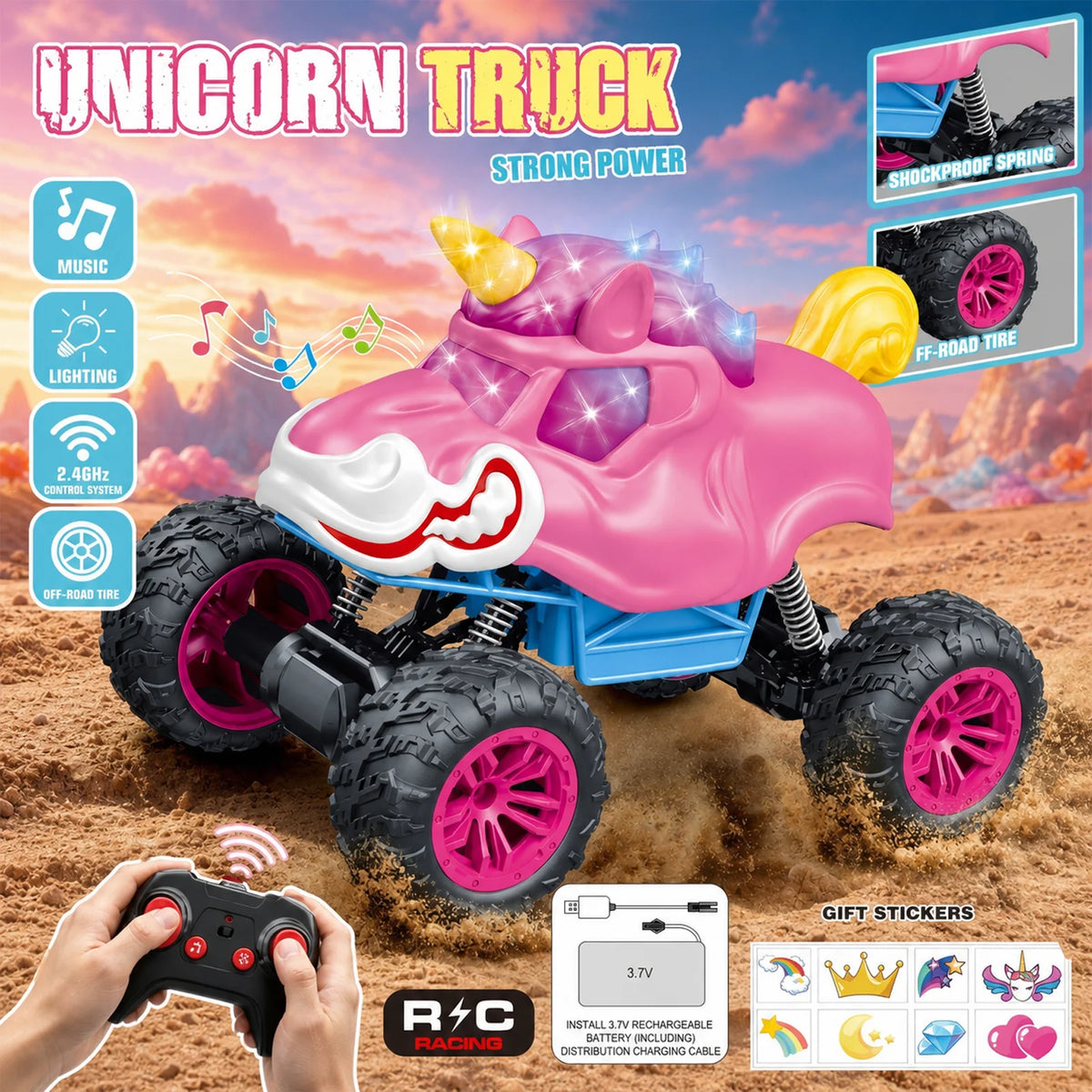 Unicorn RC Monster Truck 2.4GHz Remote Control Stunt Car with LED Lights Music 360° Rotation Off Road Vehicle Kids Birthday Gift