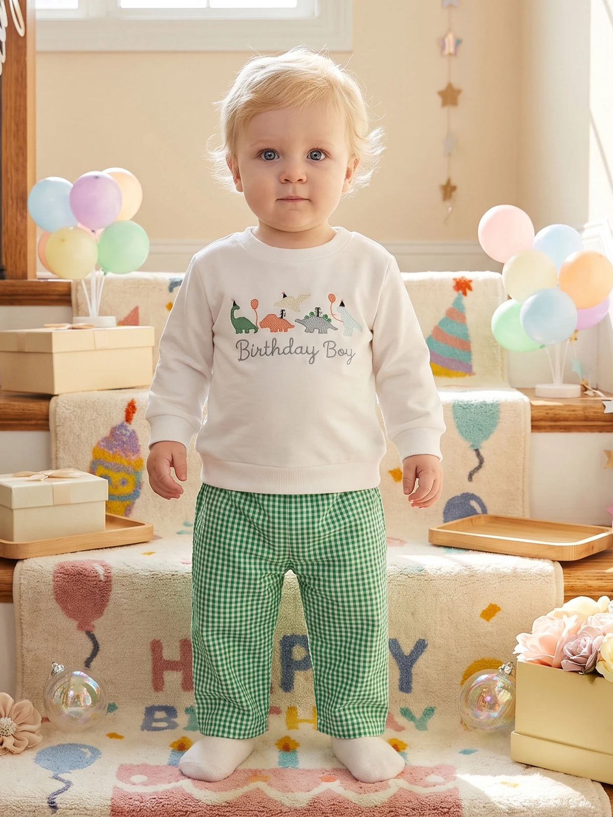 Tops Long Sleeve Dinosaur Embroidery Birthday Tops Plaid Pants Embroidery-Tops Boys High Quality Boys Birthday Outfit