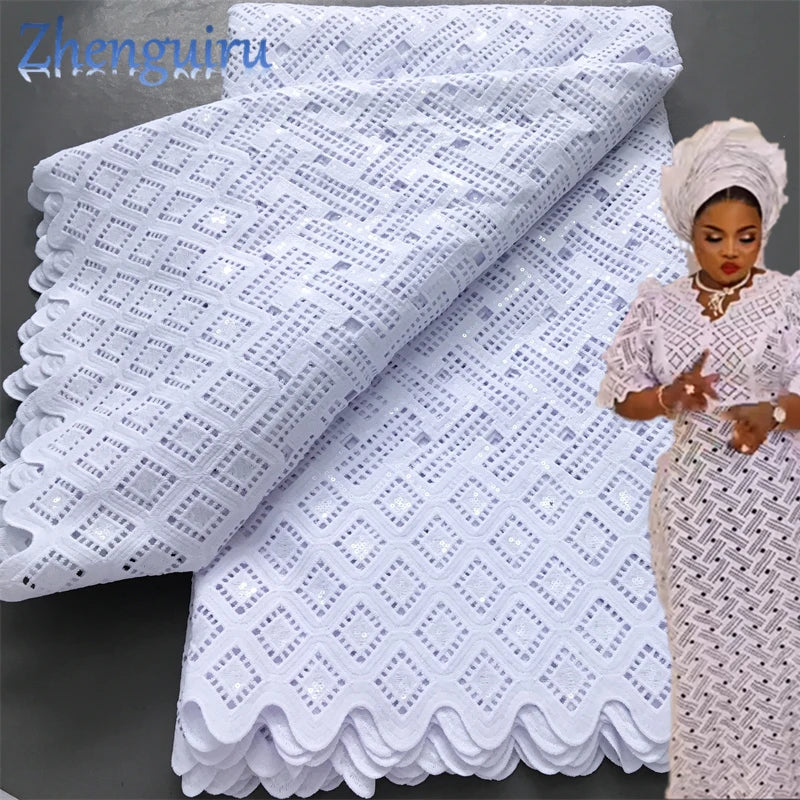 Pure White Nigerian Guipure Lace Fabric Water Soluble African Sequin Cord
