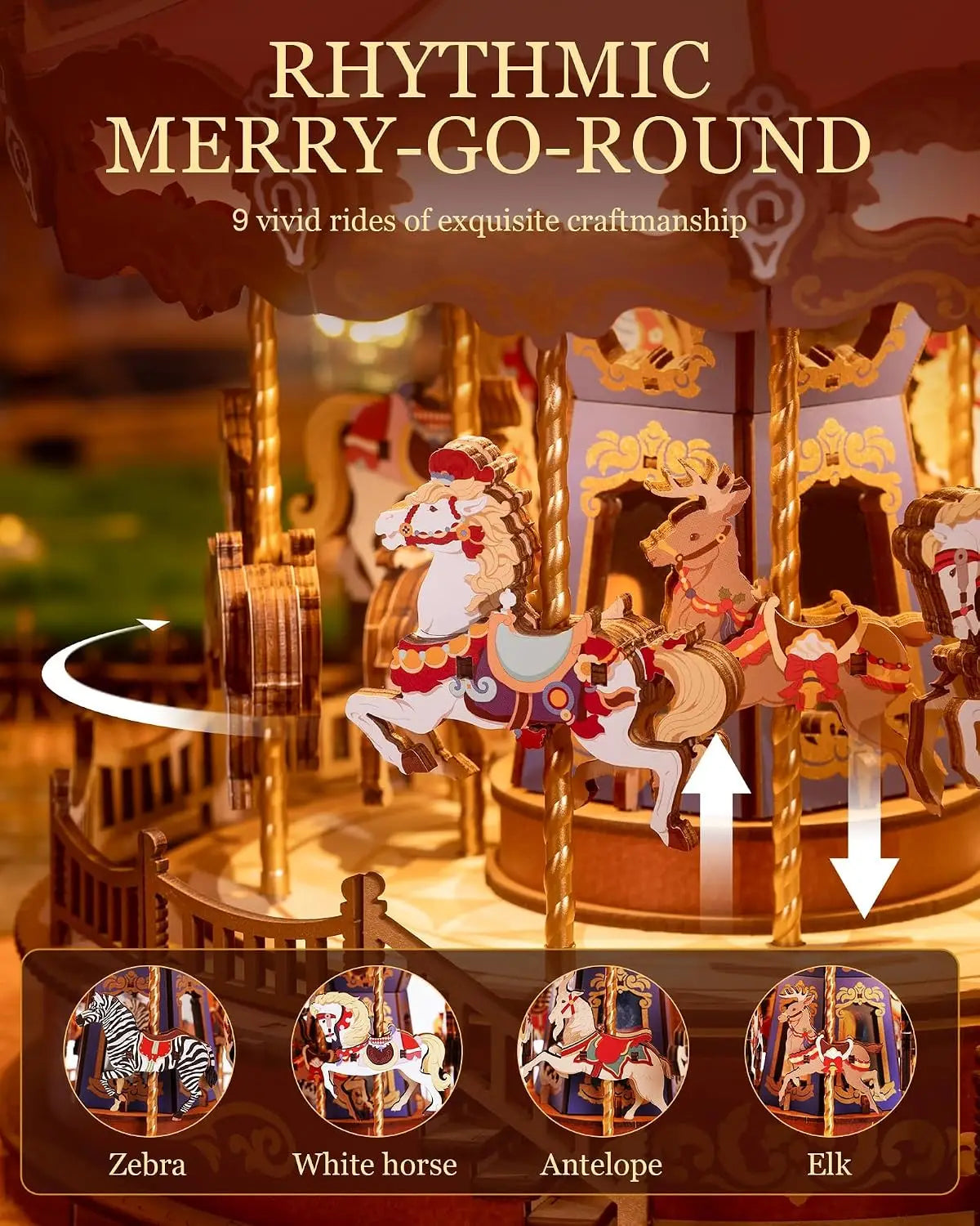 Robotime 3D Wooden Puzzle Carousel Music Box With LED Lights Gear Model Building Construction Craft Kits Xmas Gifts for Adult