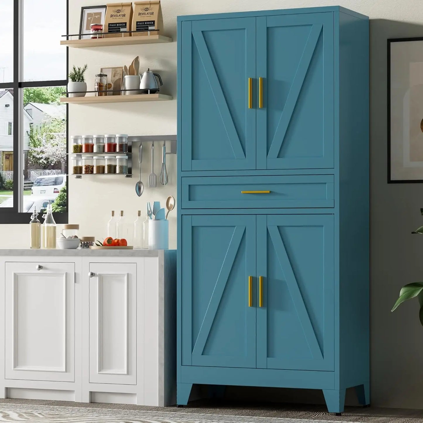 Metal Storage Cabinet With Drawer And Adjustable Shelves Farmhouse Pantry