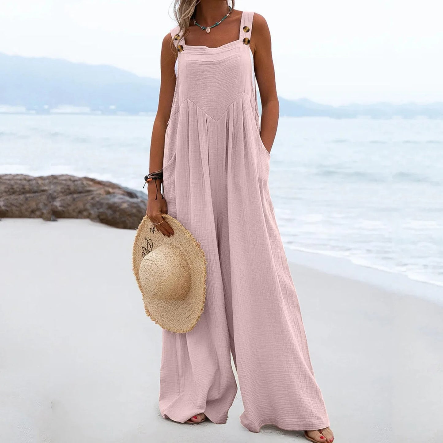 Womens Dressy Casual Solid Jumpsuit With Pockets Straps