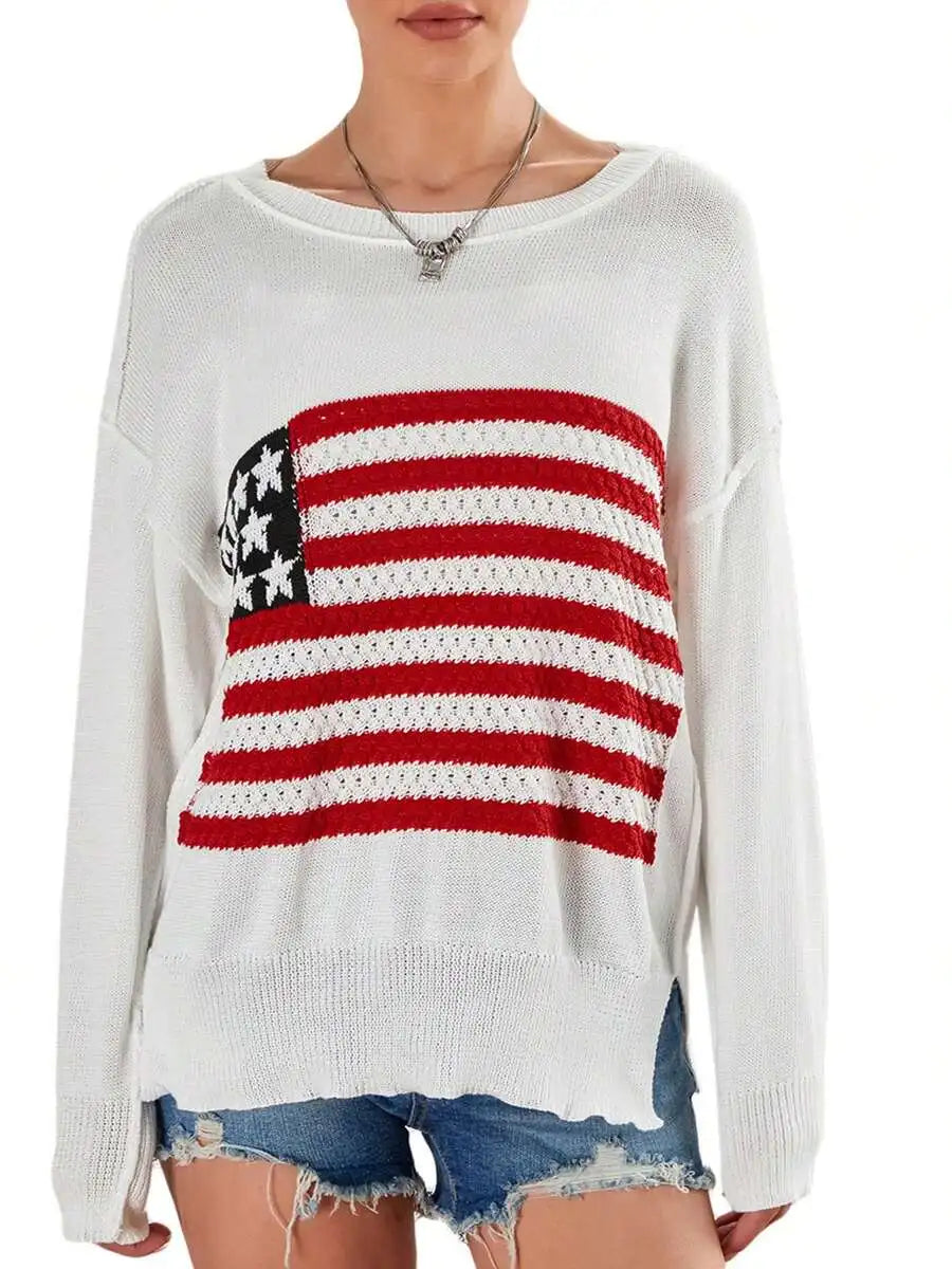 Women American Flag Knit Sweater Long Sleeve Loose Pullover Casual Streetwear Y2k Vintage
