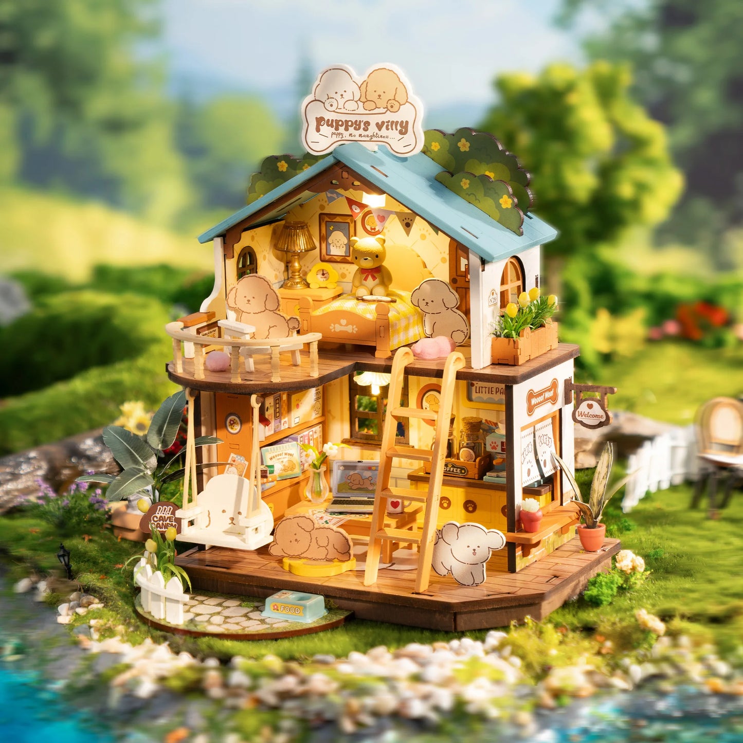 Rolife DIY Miniature House Kit Puppy's Cozy Villa Mini 3D Wooden Puzzle Dollhouse Model Building Kit Gift for Teens Kids Friends