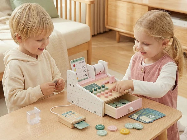 Wooden  Cash Register with Scanner Math Learning Role Play Cashier Game Set for Kids Pink Wooden Store Cash Register
