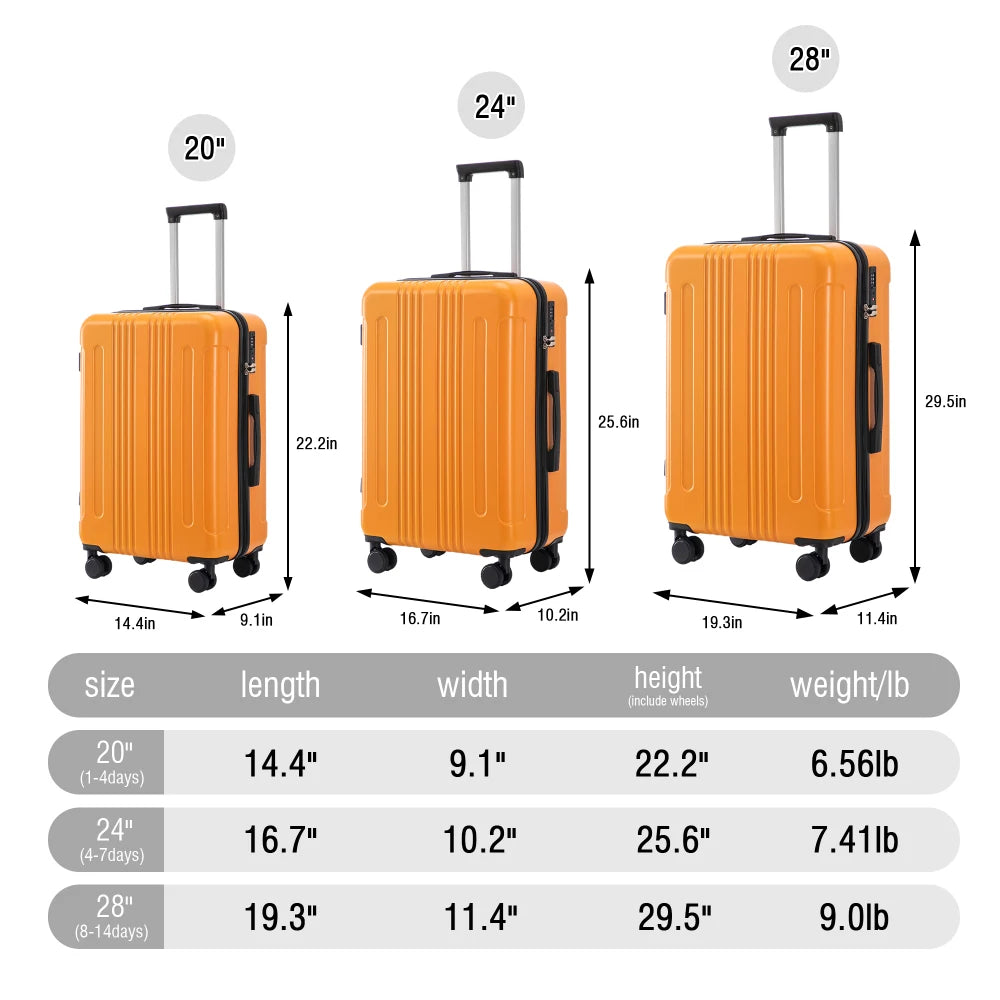20"/24"/28" Suitcases in 360 ° Dual Rotating Wheel Luggage,Carry on Suitcase, Matching Color, TSA Combination Lock Hard Luggage,