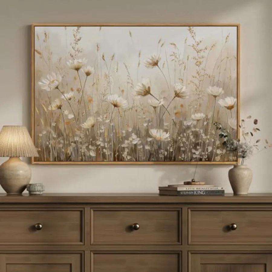 Vintage floral wall art for modern farmhouse living room, canvas print in white and gold tones, rustic botanical wildflower des