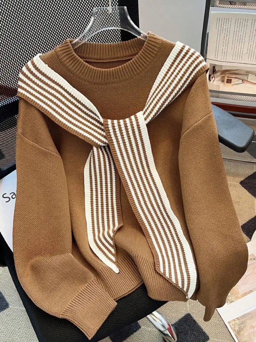 Womens Red Loose Knit Sweater With Striped Scarf Collar Casual Long Sleeve Crew Neck Autumn Winter