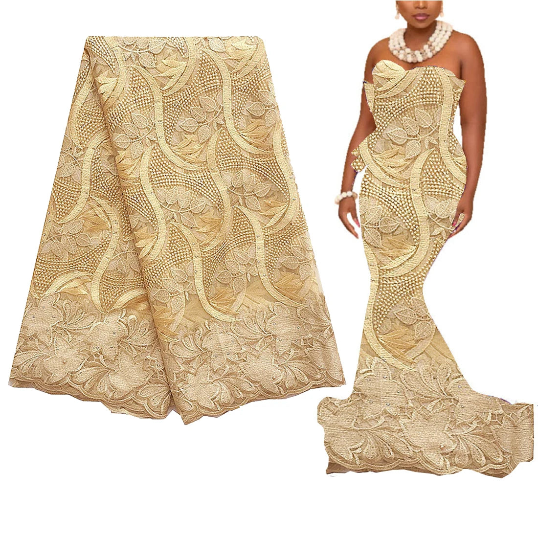 African Lace Fabric Embroidered White Gold Nigerian Wedding Lace