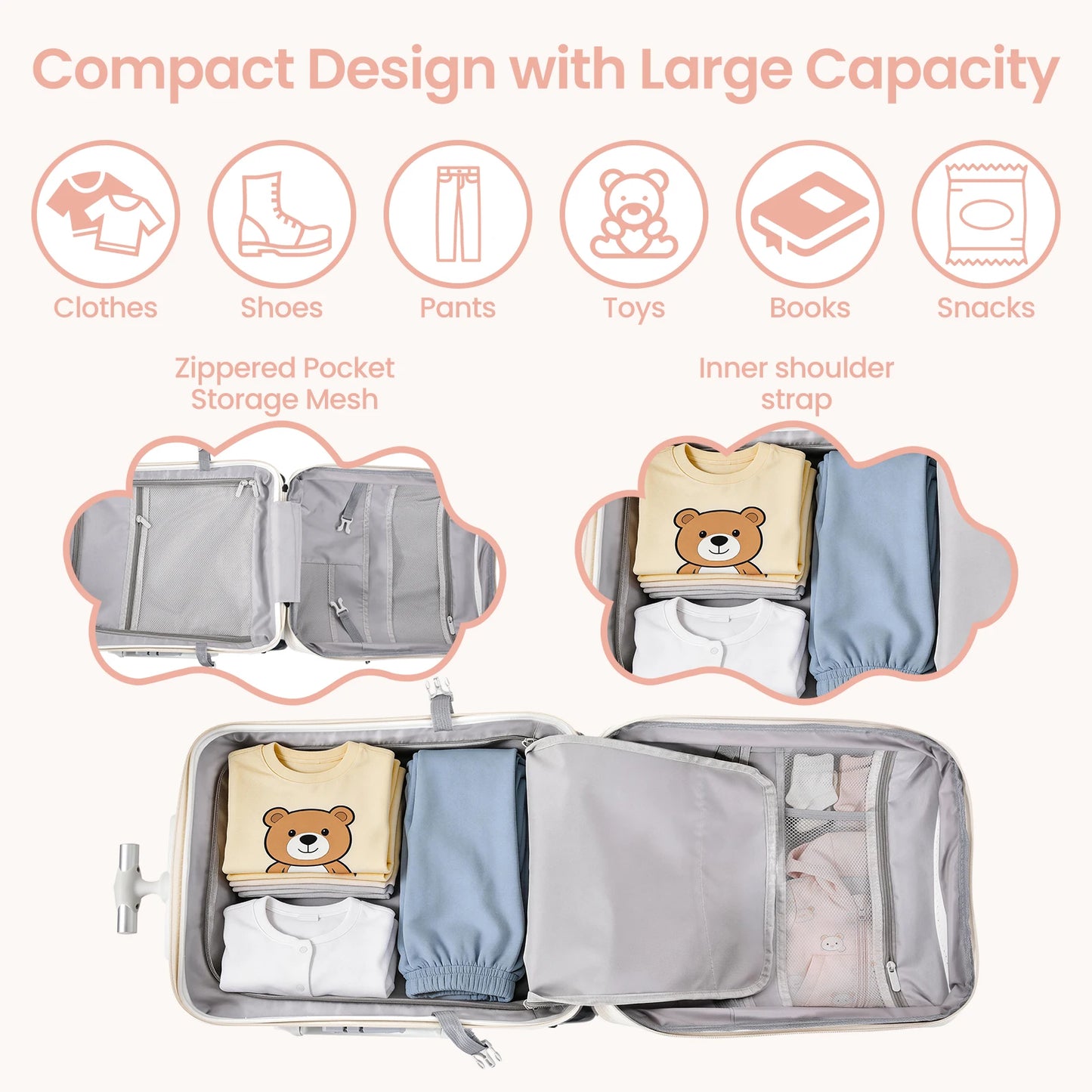 Ride on Suitcase for Kids 20 Inch, 2-in-1 Carry on Luggage with Spinner Wheels and Detachable Seat, Toddler Travel Rideable Suitcase with Safety Guardrail and Sturdy Handle, Perfect for Airplane Travel and Family Vacations