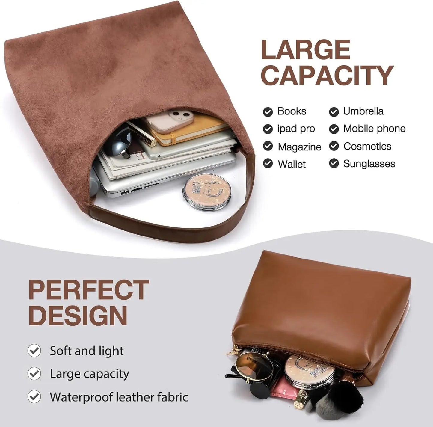 Vintage Suede Tote Bag For Women With Zippered Cosmetic Organizer