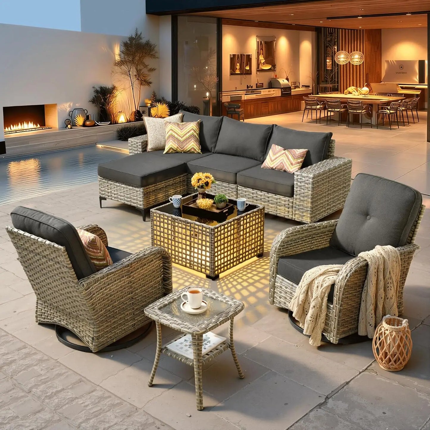 8-Piece Patio Furniture Set with L-Shape Sofa Chaise, Outdoor Sectional Couch Swivel Gliders Solar Table, Modern, Customized