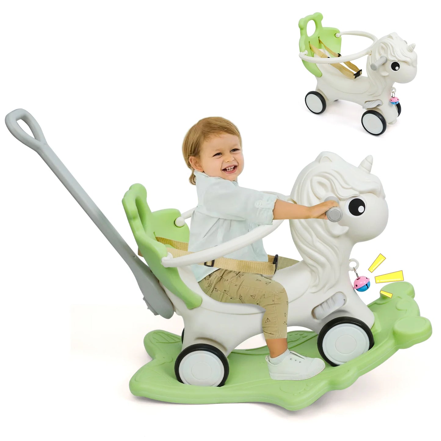 2 in 1 Convertible Unicorn Rocking Horse for Toddlers, Kids Ride On Toy with Anti-Fall Guardrail and Safety Belt, Baby Birthday Gift for 12-36 Months
