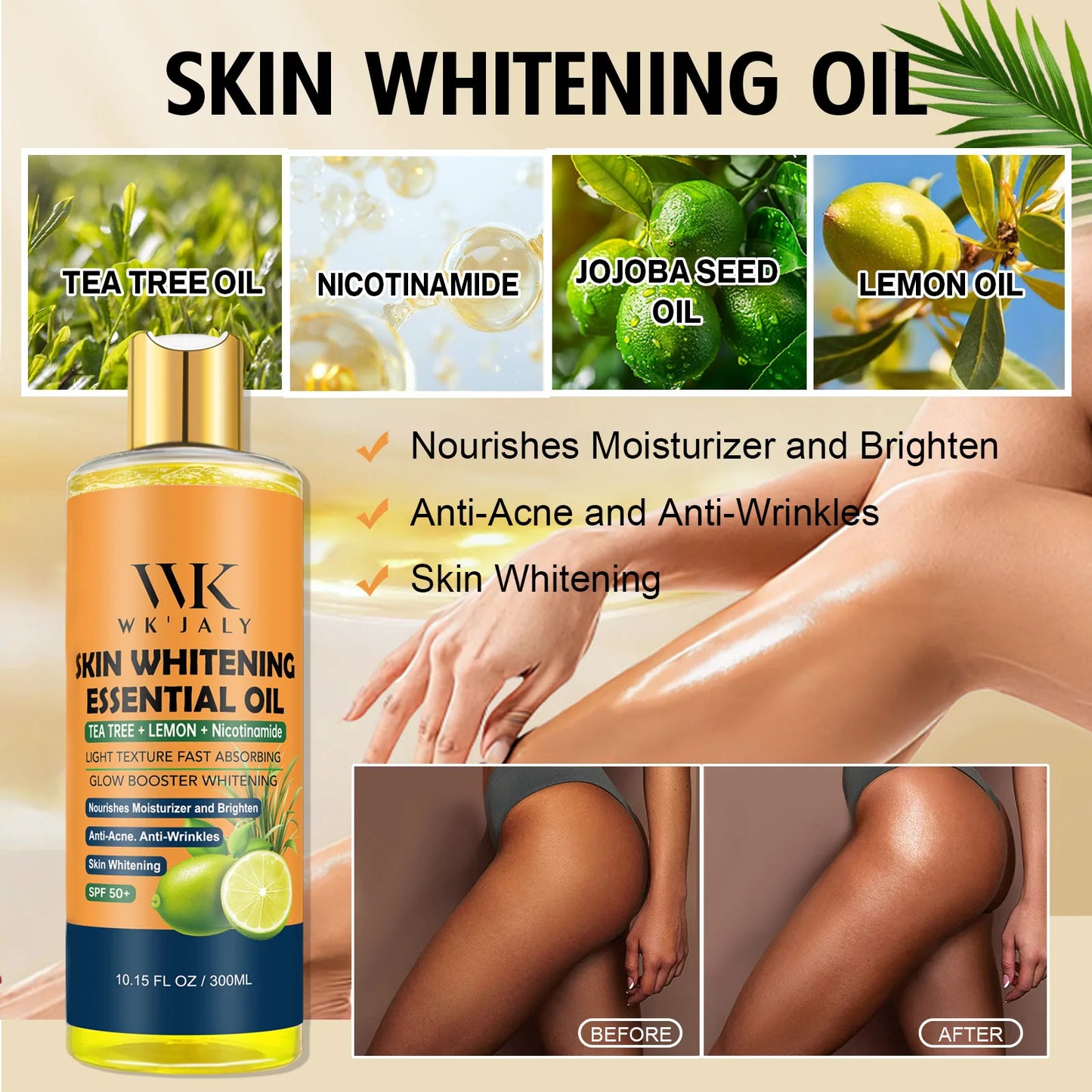 WK JALY Lightening Body Oil, Deeply Moisturizing, Hydration, Smooth Skin, Reduce Spots, Melanin, for Dark, Black, Caramel Skin