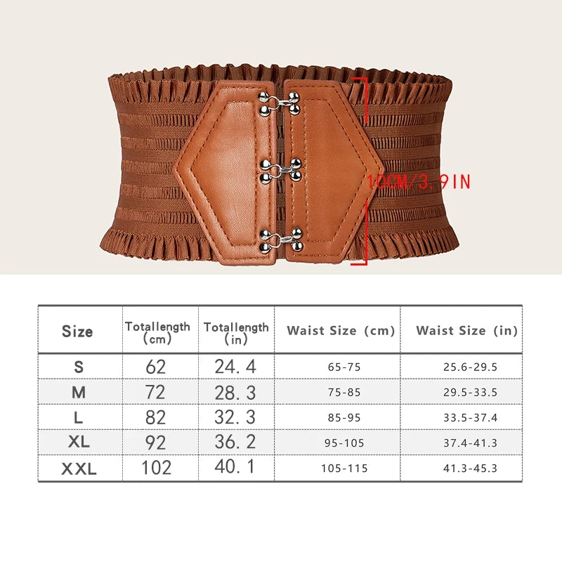 Vibrant Triple Buckle Elastic Waistband Ruffles Wide Belt With Adjustable Strap