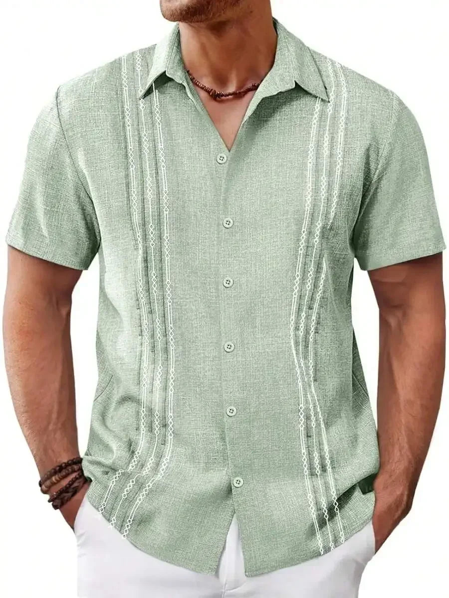 Mens Short Sleeve Button Up Shirt Casual Embroidered Linen Blend Summer Beach Wedding