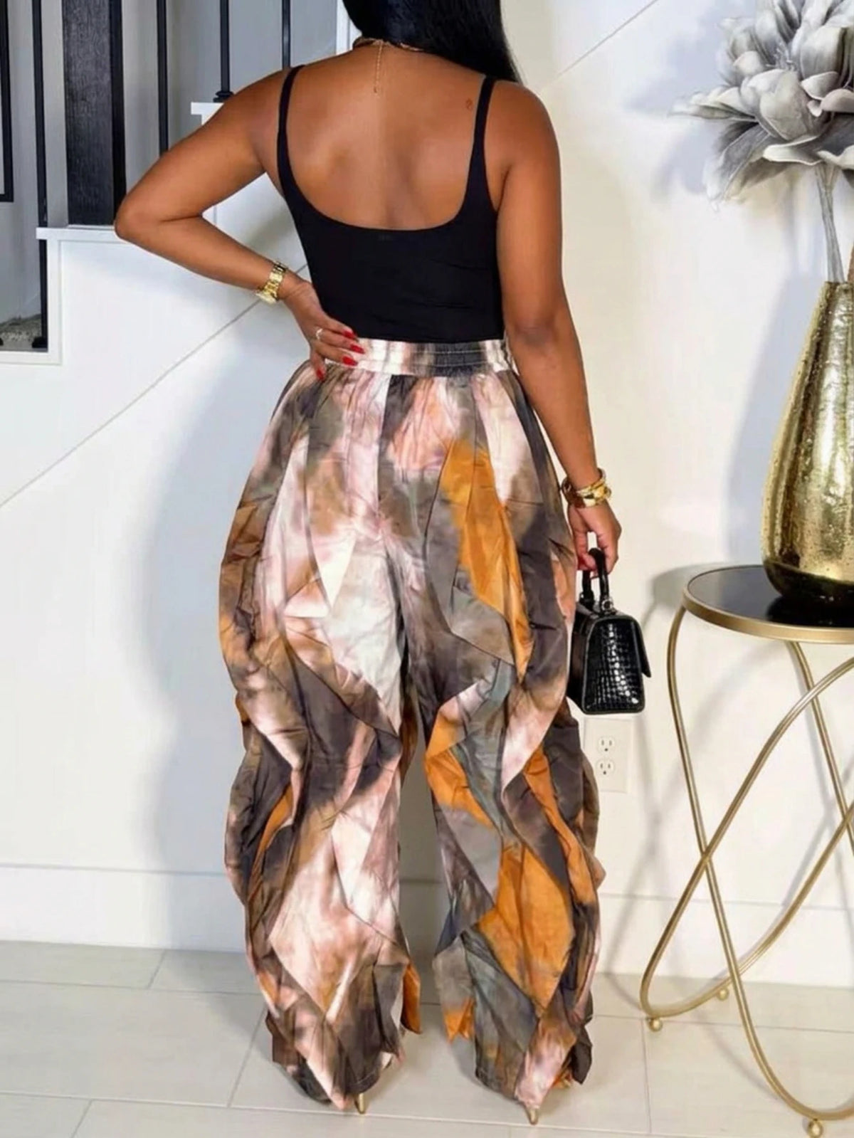 Women's Sleeveless Scoop Neck Cami Top Matching Abstract Print Ruffle Long Pants For Daily Street Brunch Casual Occasions