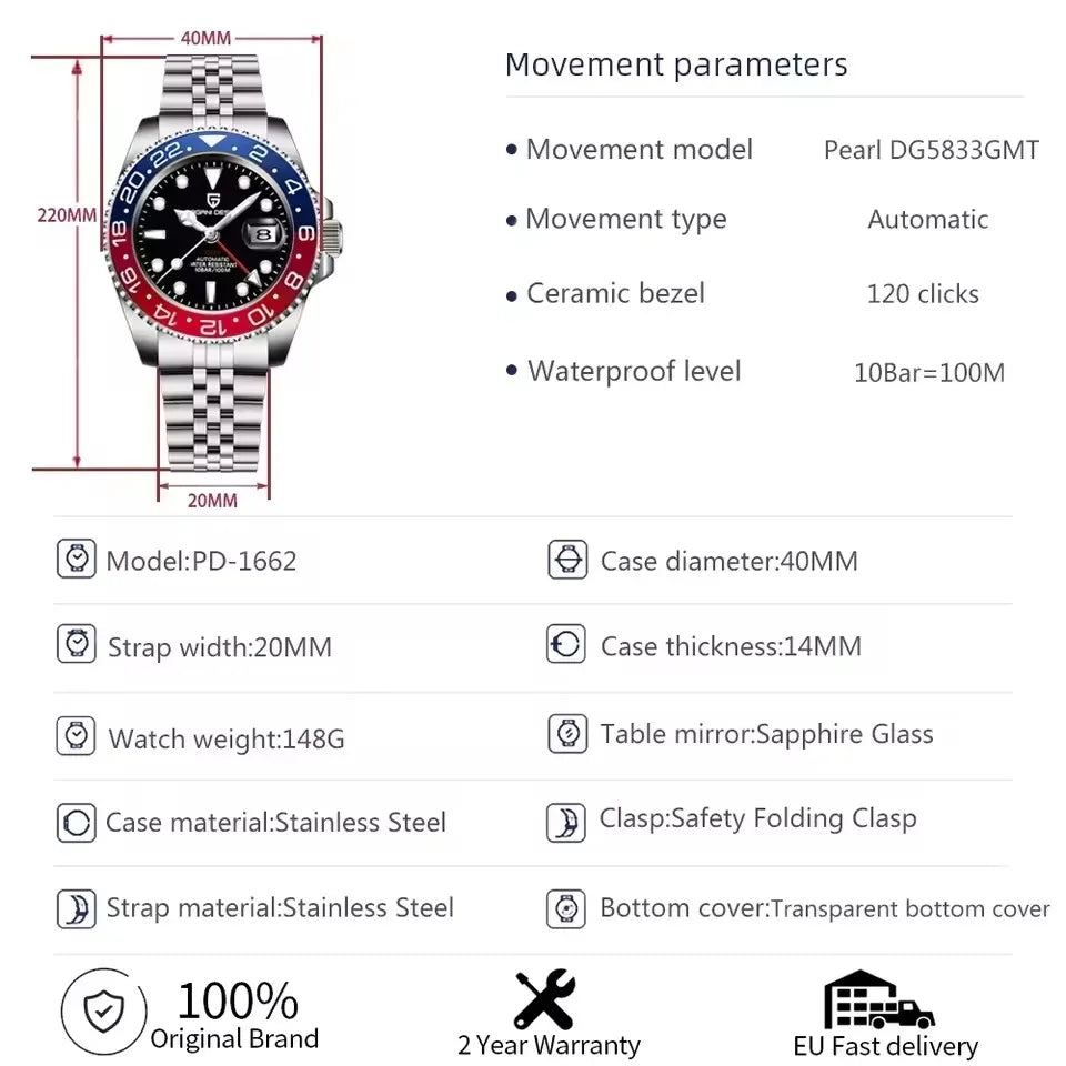 PAGANI DESIGN GMT Men's Luxury Sapphire Automatic Mechanical Watch