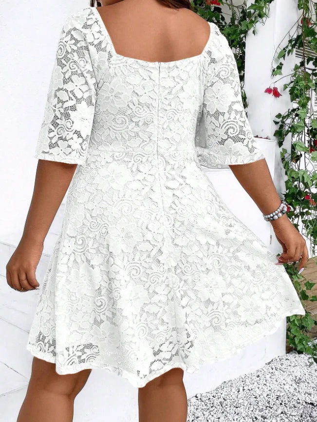 Women Elegant Lace A Line V Neck Mid Sleeve Party Dress
