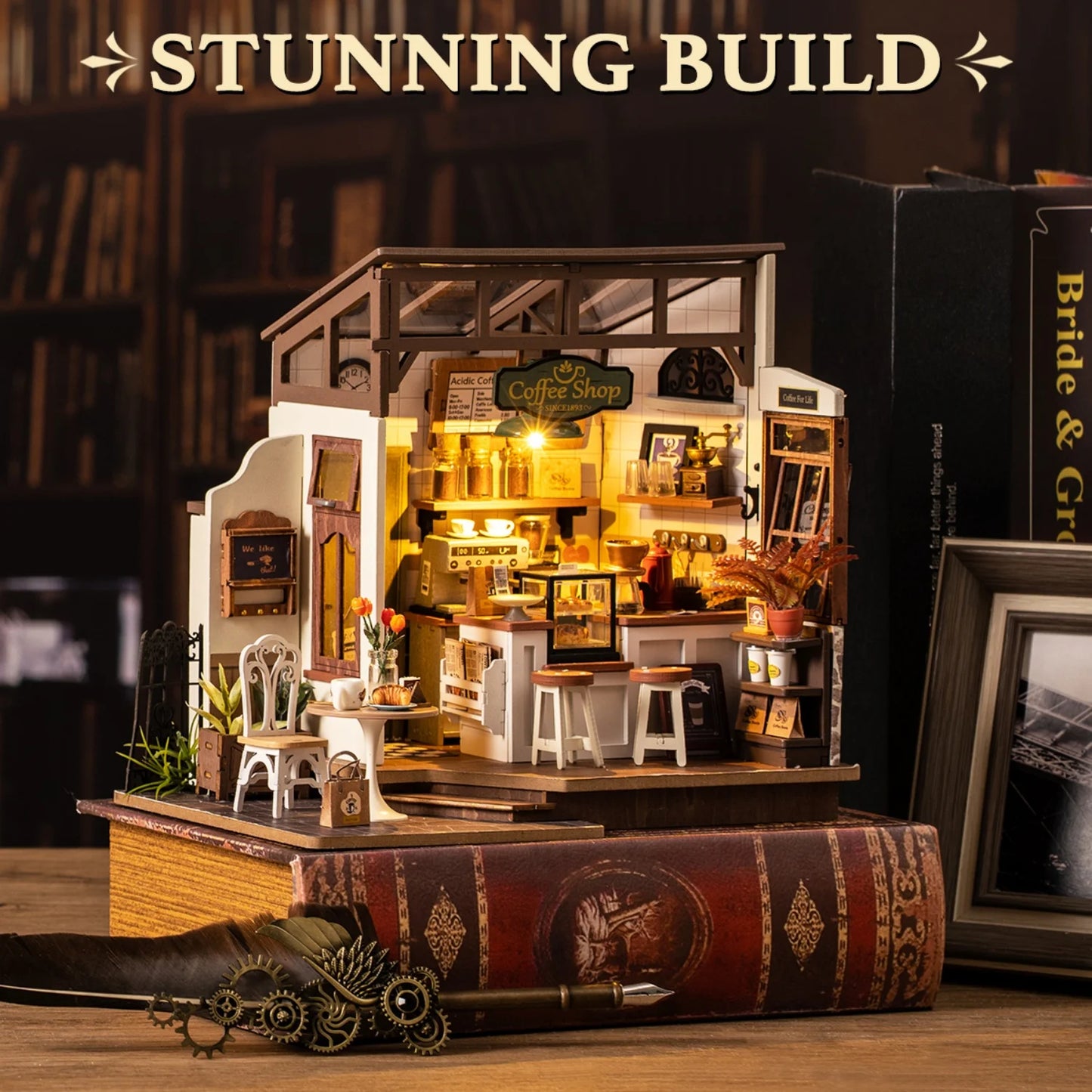 Rolife Wooden 3D Puzzle Flavory Café DIY Miniature House Kit Mini Dollhouse Model Building Kit with LED Light for Desk Decor Gift for Adults Friends