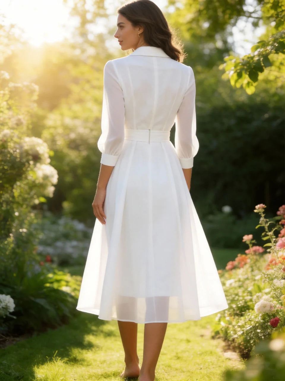 Elegant Style Women Summer Lapel Sheer Sleeve Double Breasted Belted Swing Midi Dress