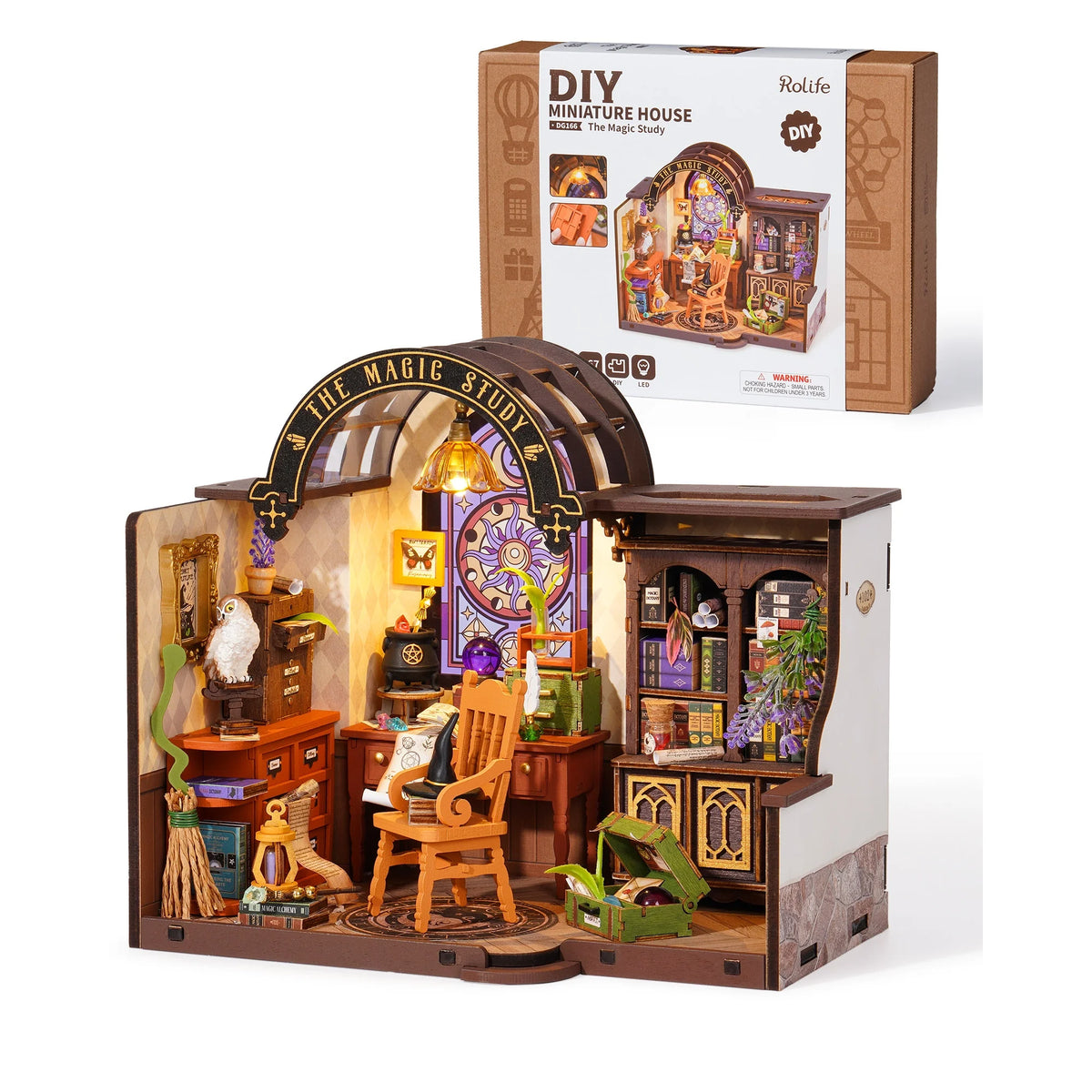 Rolife Wooden Dollhouse 3D Puzzle - Magic Study DIY Miniature House Model Building Kit with LED Light for Home Decor Gift for Adults Friends