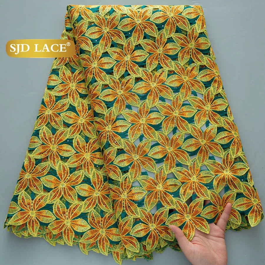 SJD LACE Nigerian Water Soluble Lace Fabric Tricolor Color Embroidered African Guipure Floral Lace for Sewing Wedding Party Evening Dress US Shipping 4632