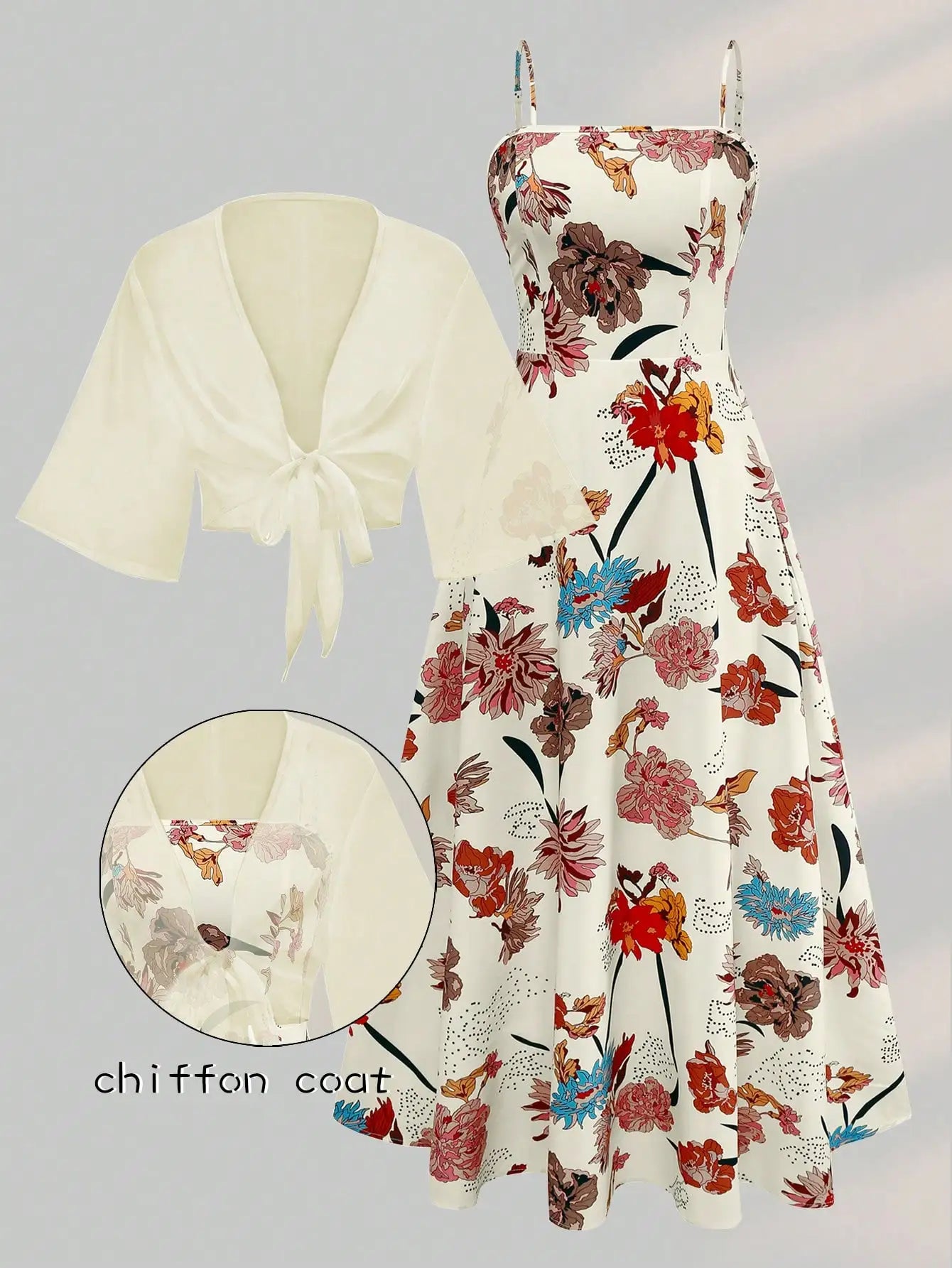2 Pieces Women's Floral Chiffon Dress Elegant Romantic Date Outfit Spring Summer