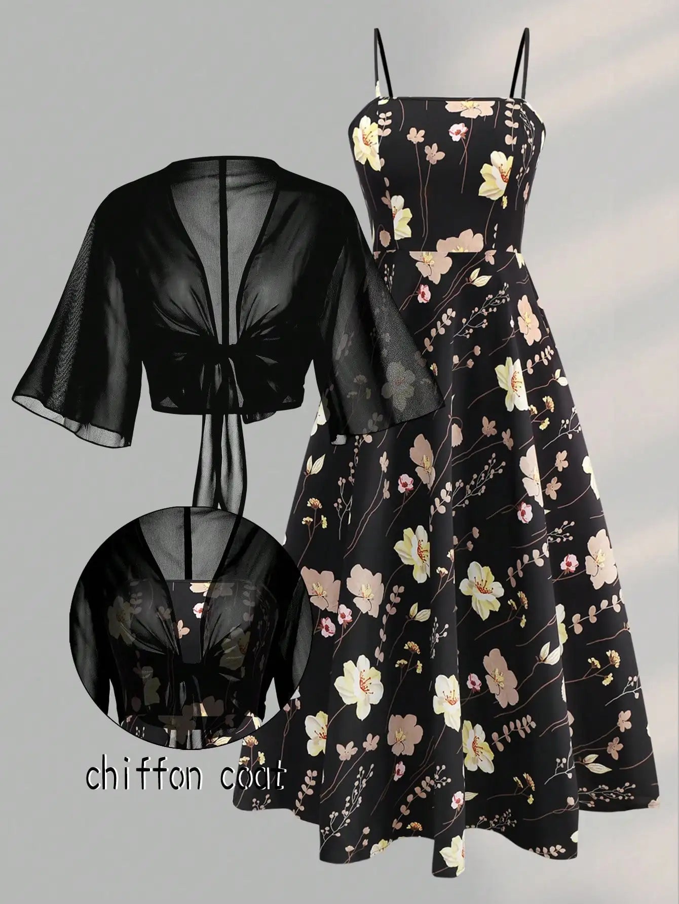 2 Pieces Women's Floral Chiffon Dress Elegant Romantic Date Outfit Spring Summer