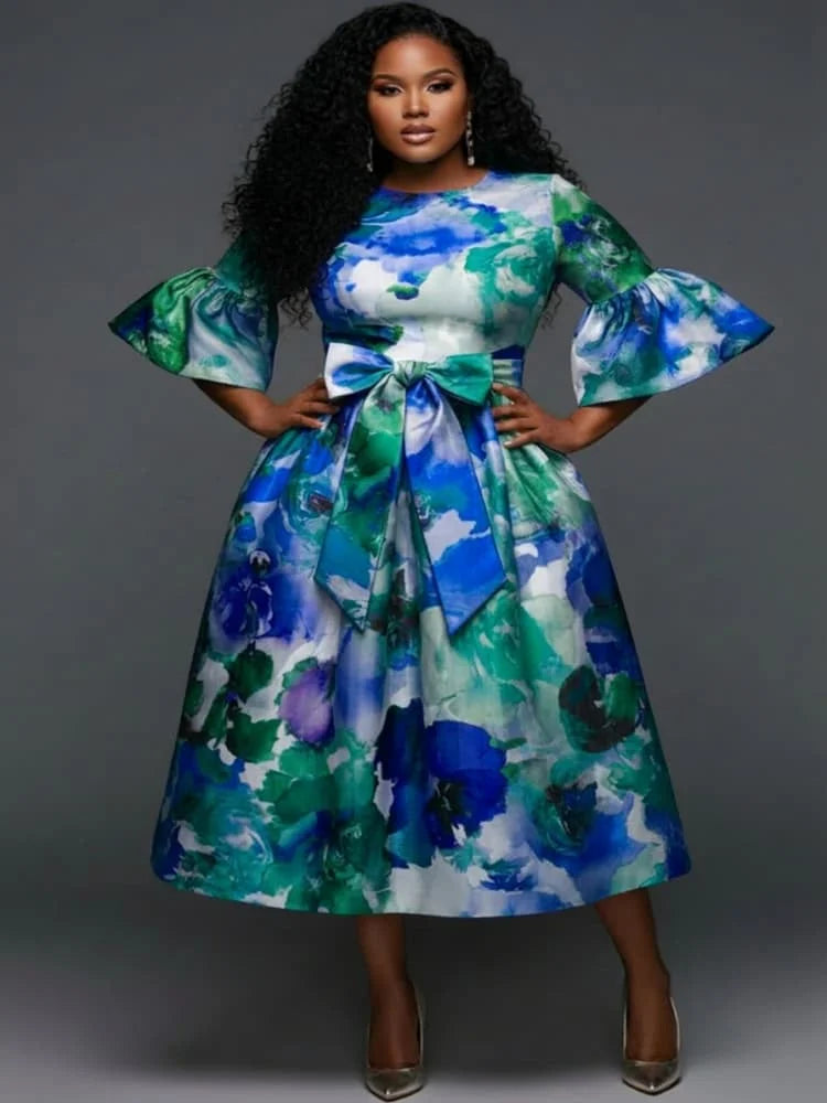 Plus Size Round Neck Flare Sleeve Bow Waist Midi Dress For Women Formal Party Banquet Wedding Guest A Line Swing Dress